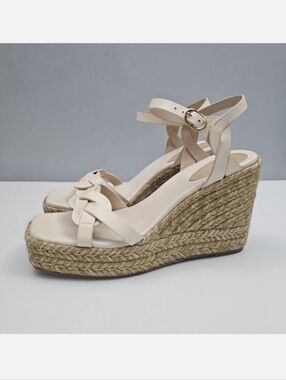 Stuart Weitzman Braida Max Wedge Womens 10 Cream Leather Espadrille Sandal NEW